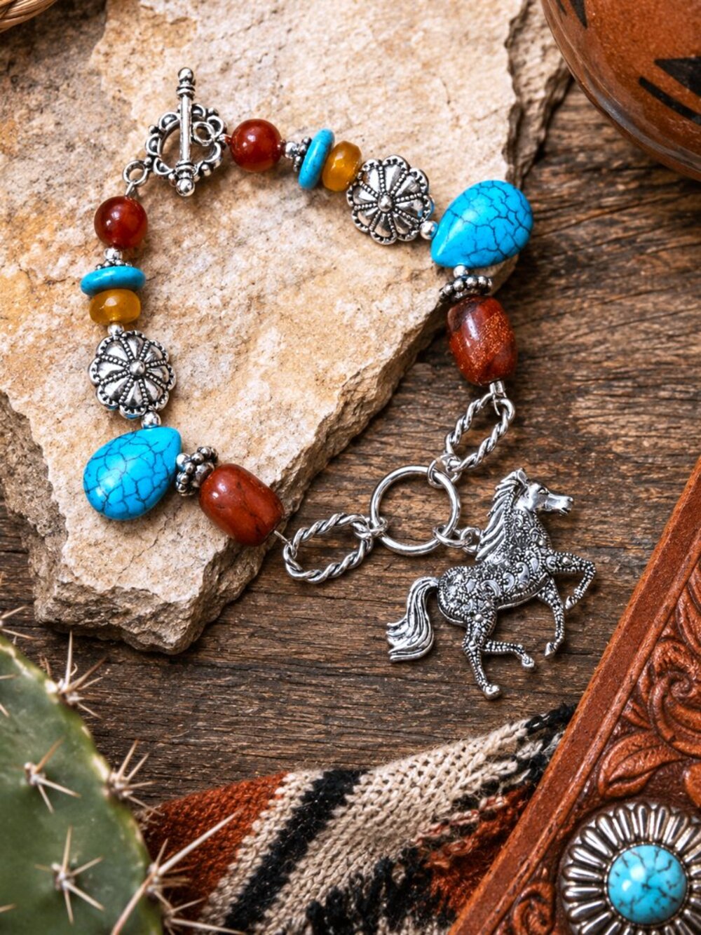 Artisan Hand Crafted Bracelet Silver Horse Turquoise Carnelian Amber Beaded